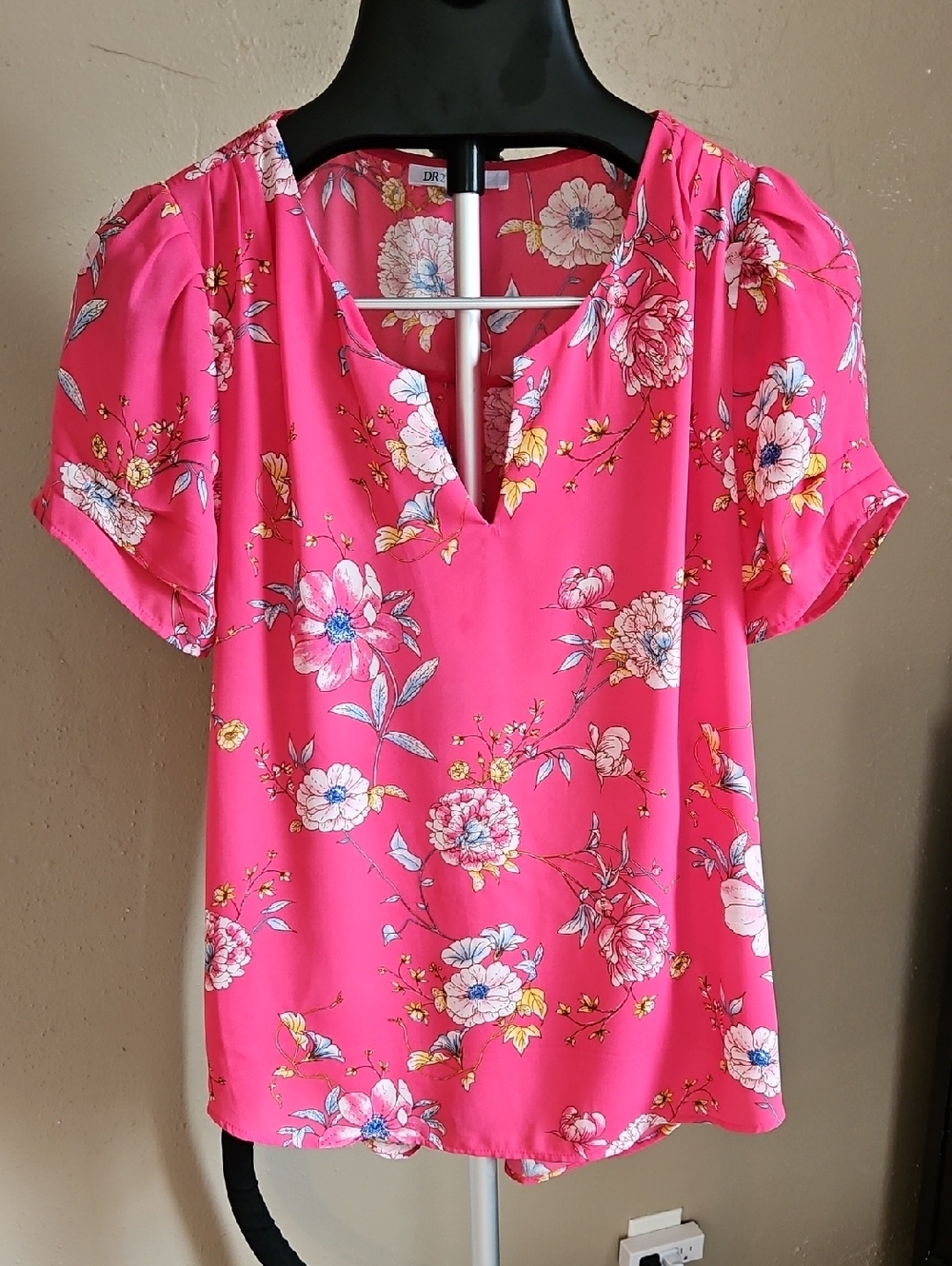 DR2 Hot Pink Floral Split-Neck Blouse